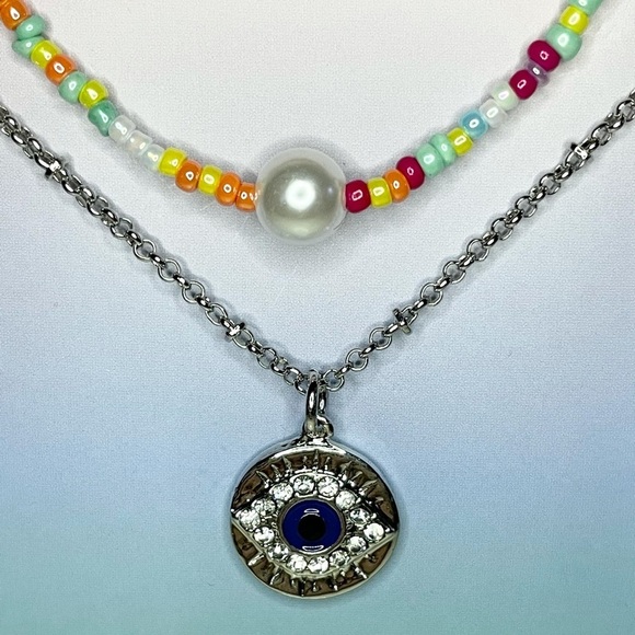 INC International Concepts Mixed Bead and Evil Eye Pendant Necklaces 2 Pc Set - Picture 6 of 11